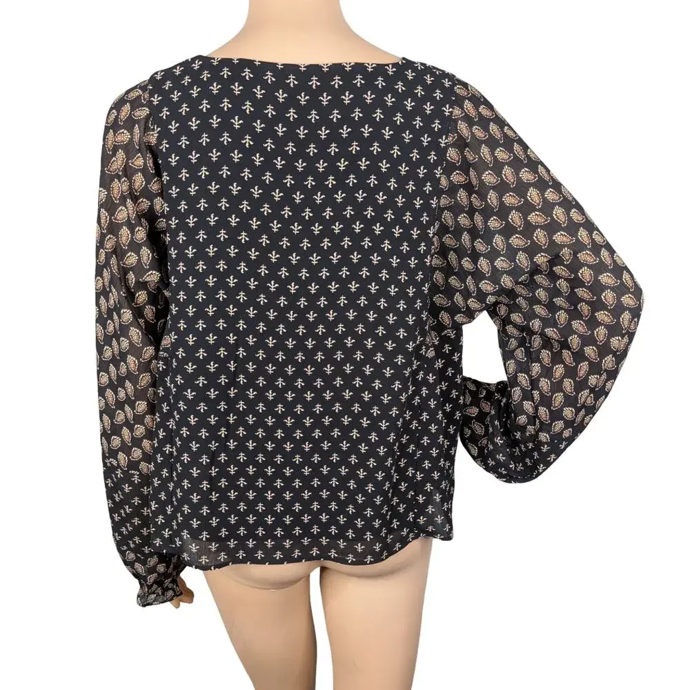 Madewell Sheer Sleeve Top Brushstroke Paisley V-Neck Puff Sleeve Black L